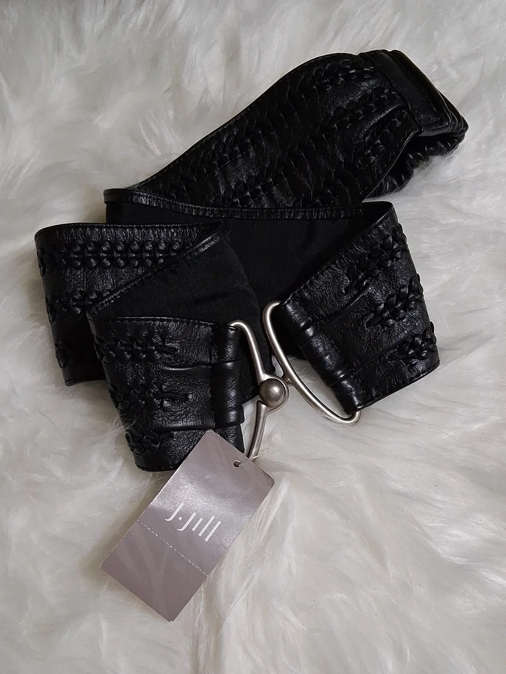 NWT J. Jill Black Braided Wide Stretch Belt with Silver Hook-Large